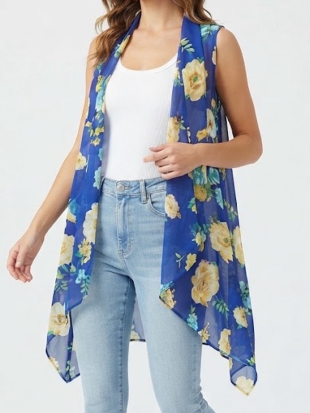 Susan Graver Blue Floral Sleeveless Sheer Vest with Yellow Flowers Size Medium